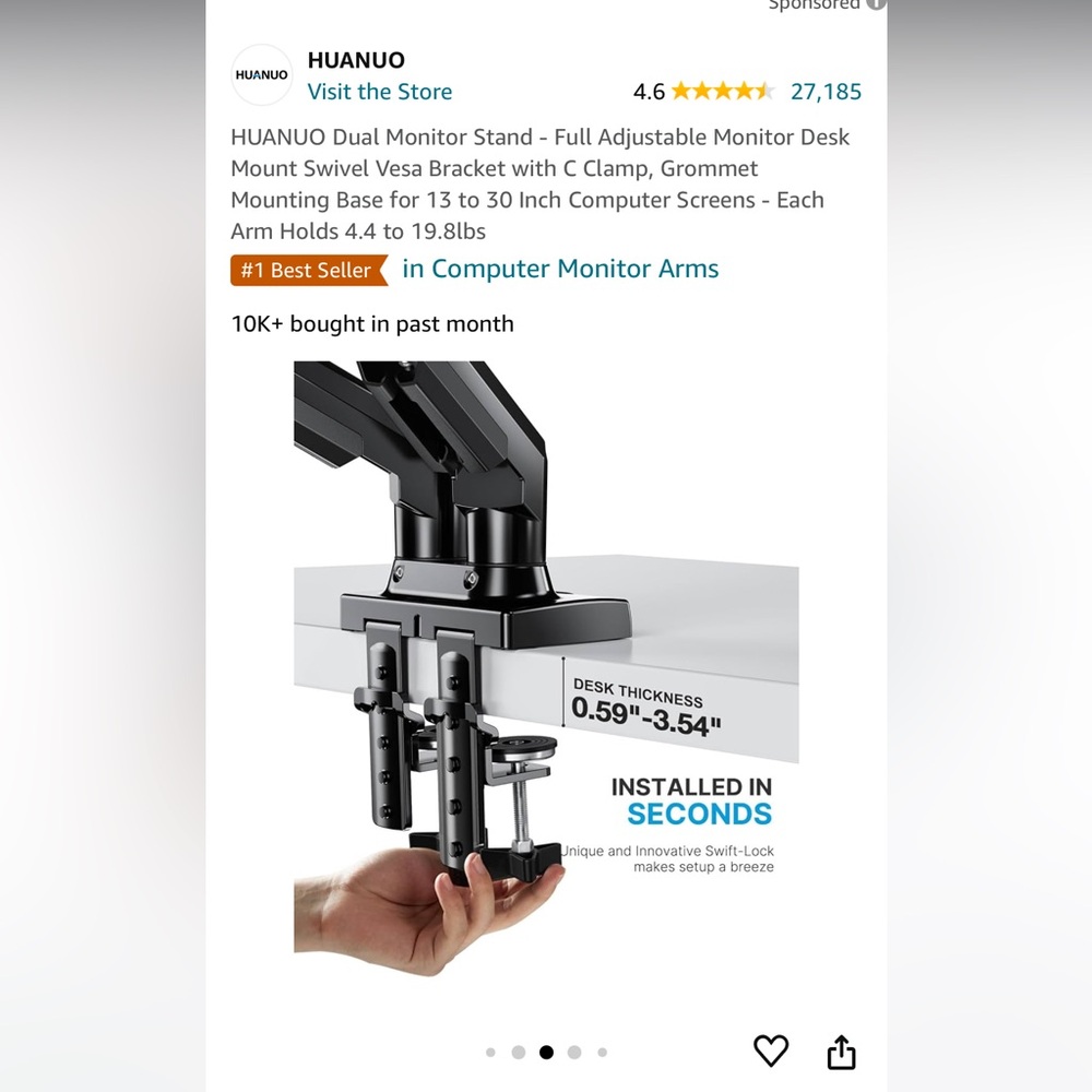 HUANUO DUAL MONITOR DESK ARM ADJUSTABLE - Picture 4 of 11